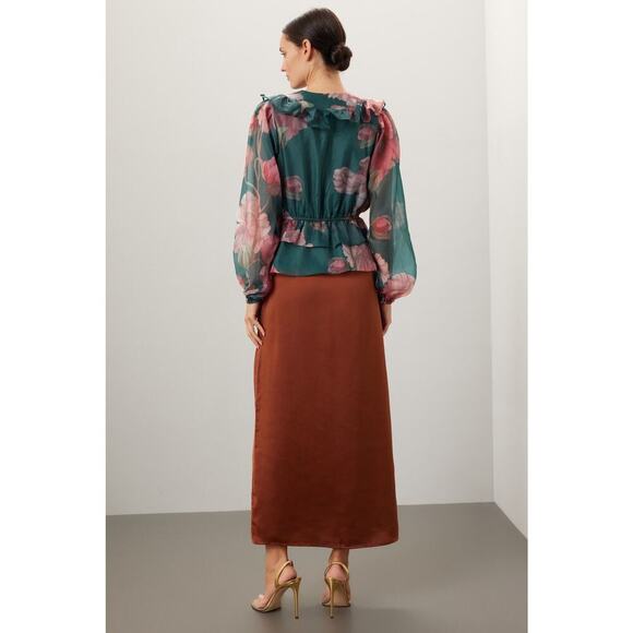 HUTCH Green Floral Chiffon Long Sleeves V-Neck Ruffle Trimmed Sema Top Size S - Picture 3 of 12